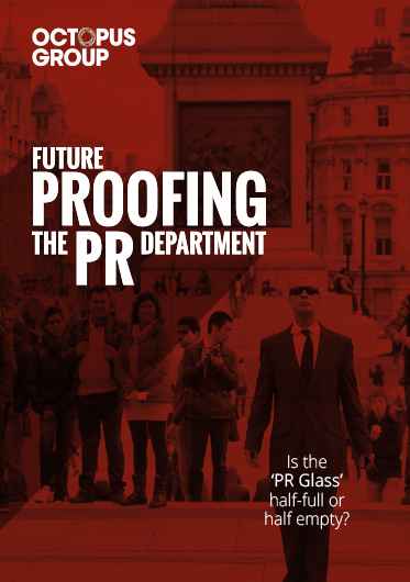 a street artist with superimposed text that reads Future proofing the PR department. Is the PR Glass half-full or half empty?