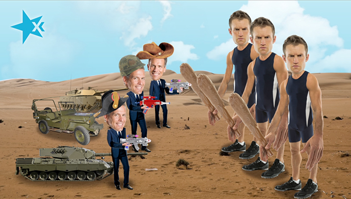 Flexiant cloud men running around wearing hats and carrying toy guns with tanks in the background and facing big athletes with caveman-style clubs