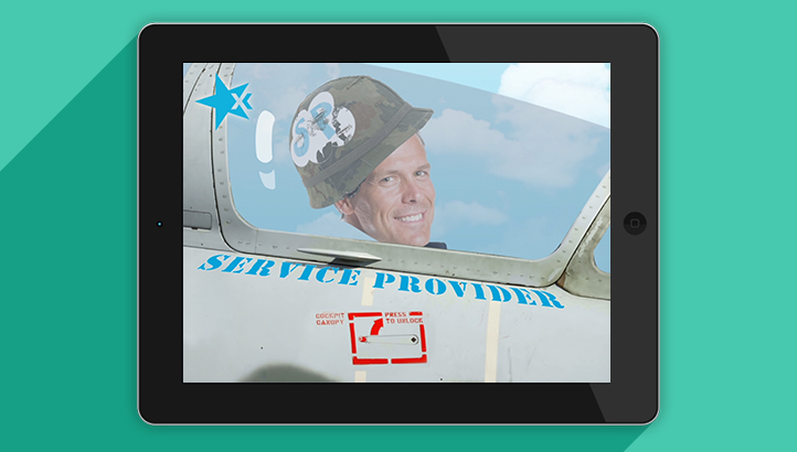 Flexiant cloud man wearing hat in a fighter plane