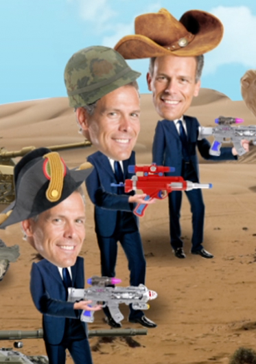 Flexiant cloud men running around wearing hats and carrying toy guns